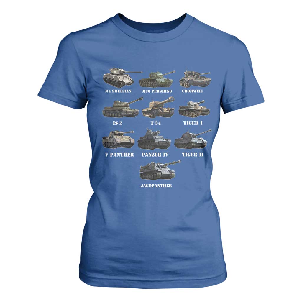 WW2 Tanks T Shirt For Women M4 Sherman Panzer IV Tiger II T-34 History Buff