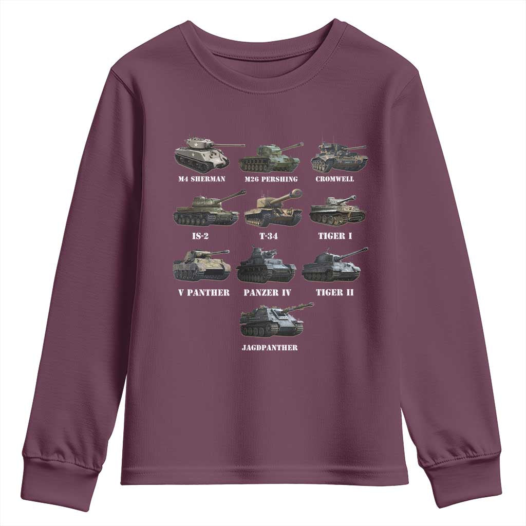 WW2 Tanks Youth Sweatshirt M4 Sherman Panzer IV Tiger II T-34 History Buff