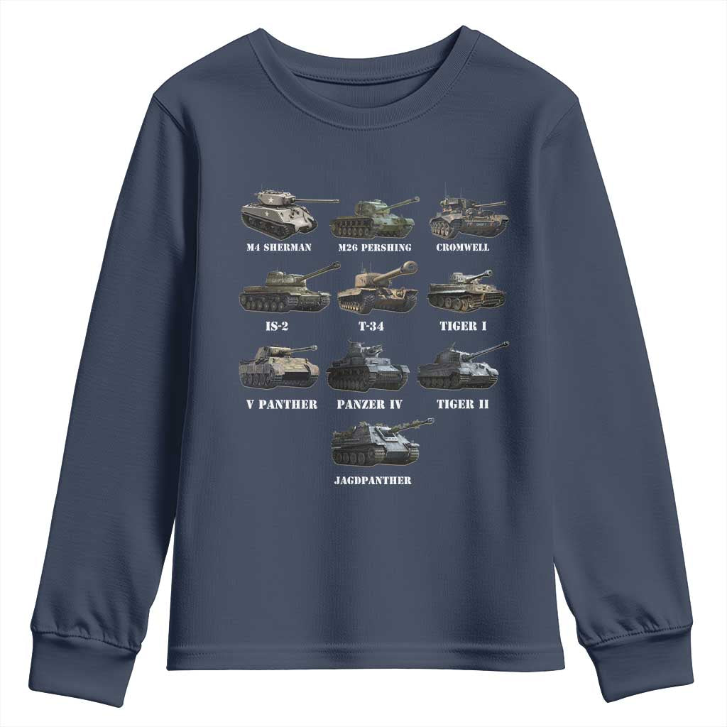 WW2 Tanks Youth Sweatshirt M4 Sherman Panzer IV Tiger II T-34 History Buff