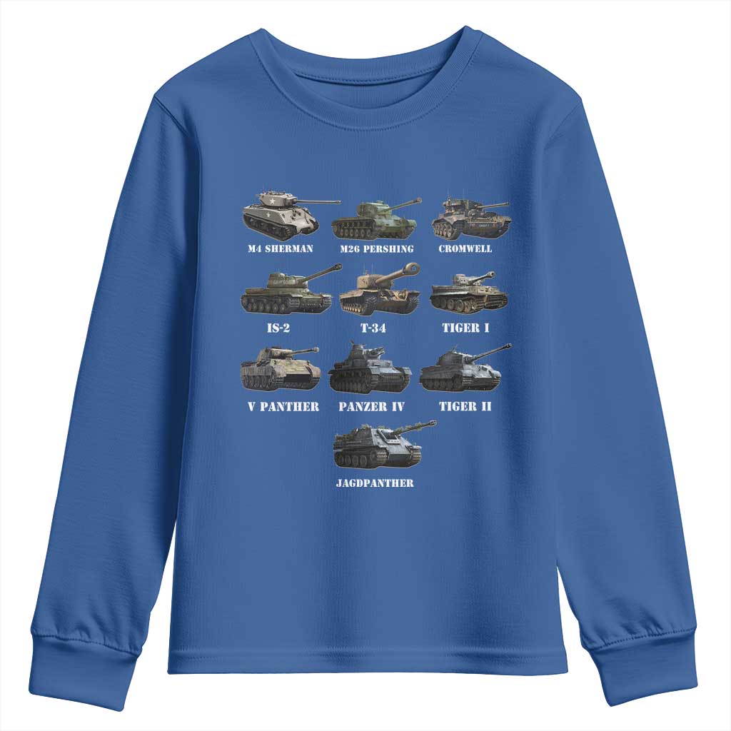 WW2 Tanks Youth Sweatshirt M4 Sherman Panzer IV Tiger II T-34 History Buff