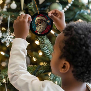 Cool African American Santa Melanin Claus Stained Glass Effect Printed Christmas Ornament Festive Xmas Tree Decor