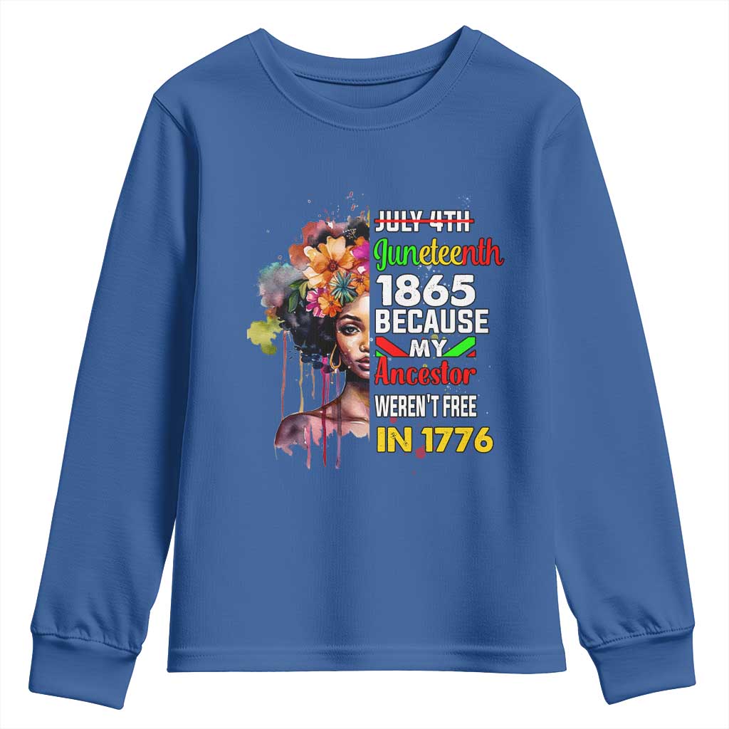 Juneteenth 1865 Youth Long Sleeve Shirt Because My Ancestor Weren't Free In 1776 Afro Black Woman