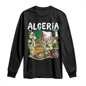 Algeria Algerian Culture and Landmarks Collage Graphic Long Sleeve Shirt Proud Fennec Fox Heritage and Arabic Calligraphy