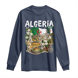 Algeria Algerian Culture and Landmarks Collage Graphic Long Sleeve Shirt Proud Fennec Fox Heritage and Arabic Calligraphy