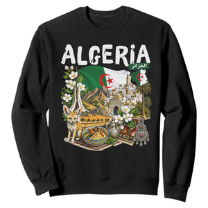 Algeria Algerian Culture and Landmarks Collage Graphic Sweatshirt Proud Fennec Fox Heritage and Arabic Calligraphy