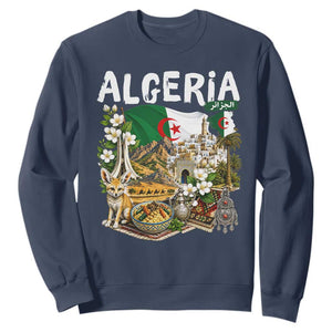 Algeria Algerian Culture and Landmarks Collage Graphic Sweatshirt Proud Fennec Fox Heritage and Arabic Calligraphy