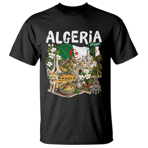 Algeria Algerian Culture and Landmarks Collage Graphic T Shirt Proud Fennec Fox Heritage and Arabic Calligraphy
