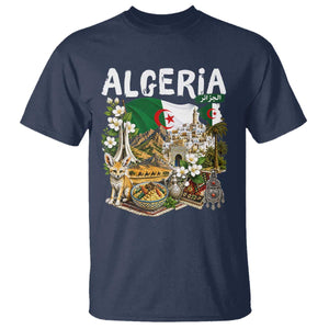 Algeria Algerian Culture and Landmarks Collage Graphic T Shirt Proud Fennec Fox Heritage and Arabic Calligraphy