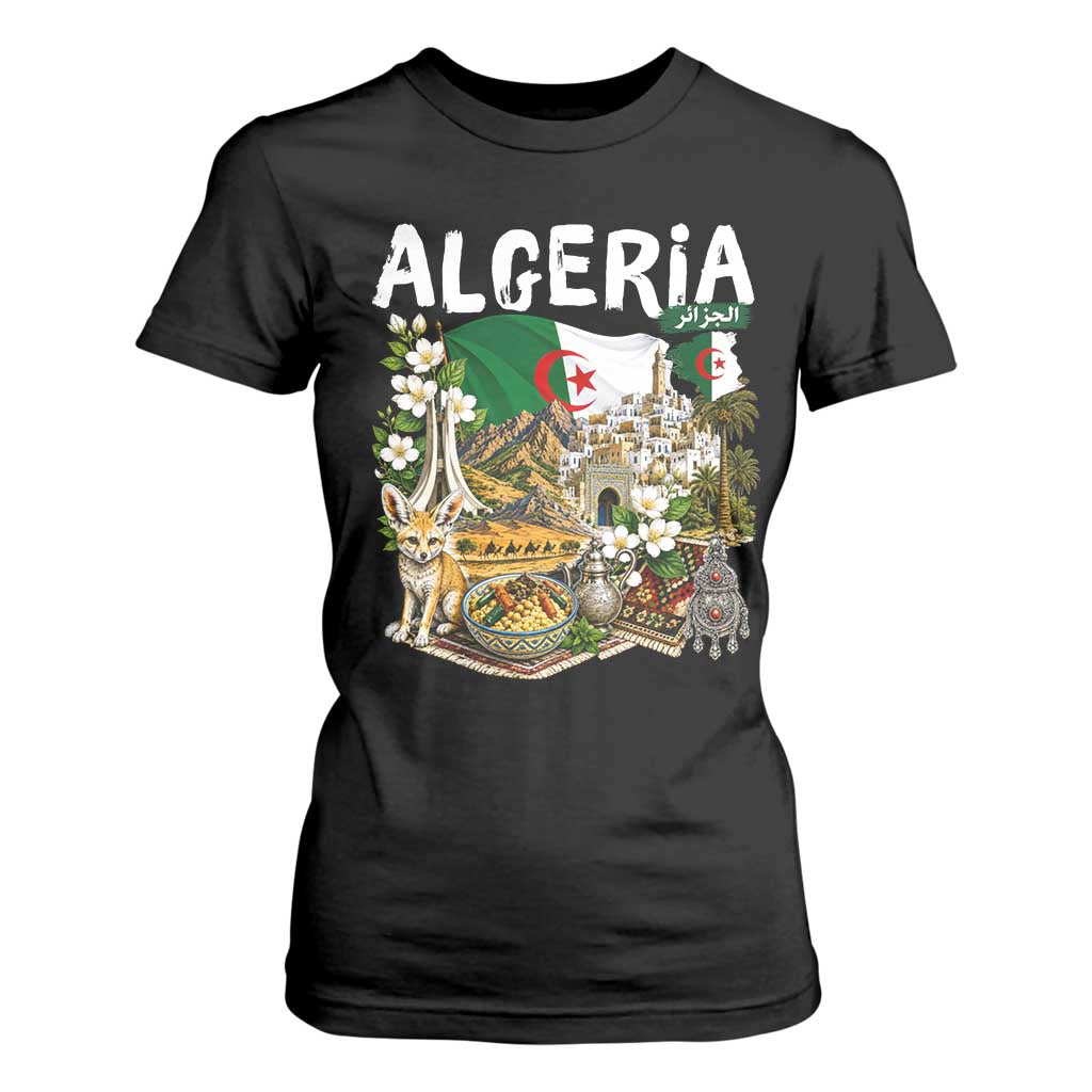 Algeria Algerian Culture and Landmarks Collage Graphic T Shirt For Women Proud Fennec Fox Heritage and Arabic Calligraphy