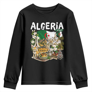 Algeria Algerian Culture and Landmarks Collage Graphic Youth Sweatshirt Proud Fennec Fox Heritage and Arabic Calligraphy