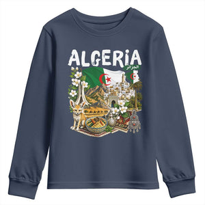 Algeria Algerian Culture and Landmarks Collage Graphic Youth Sweatshirt Proud Fennec Fox Heritage and Arabic Calligraphy