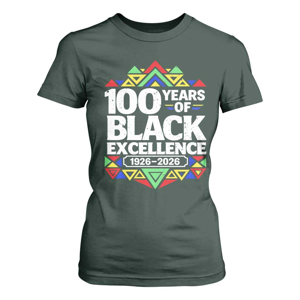100 Years of Black Excellence 1926 2026 T Shirt For Women African Tribal Pattern Heritage Celebrating Black History
