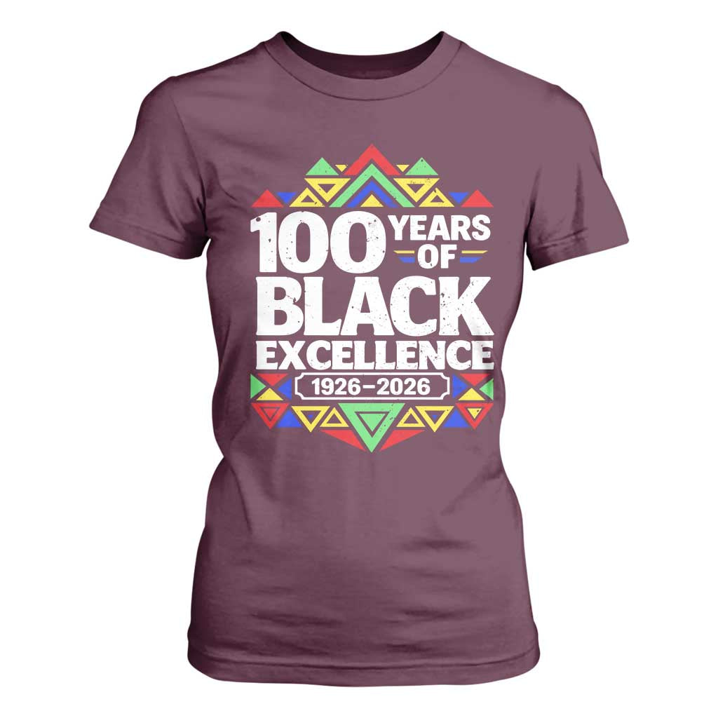 100 Years of Black Excellence 1926 2026 T Shirt For Women African Tribal Pattern Heritage Celebrating Black History