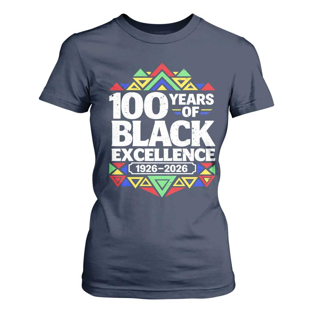 100 Years of Black Excellence 1926 2026 T Shirt For Women African Tribal Pattern Heritage Celebrating Black History
