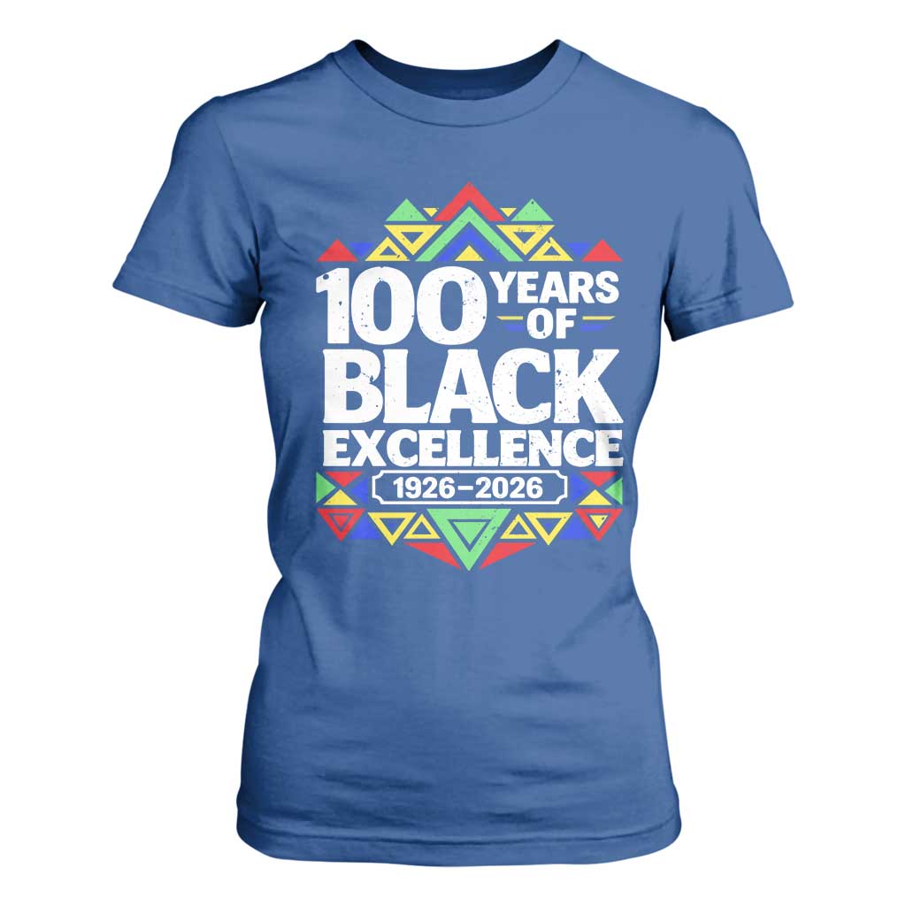 100 Years of Black Excellence 1926 2026 T Shirt For Women African Tribal Pattern Heritage Celebrating Black History