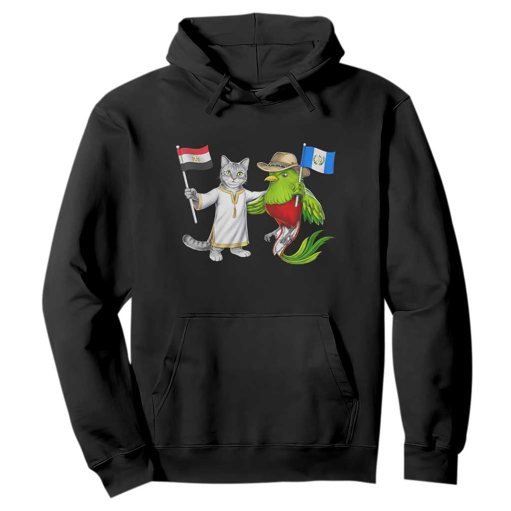 Egypt and Guatemala Friendship Heritage Pride Hoodie Cute Cat and Quetzal Holding Flag