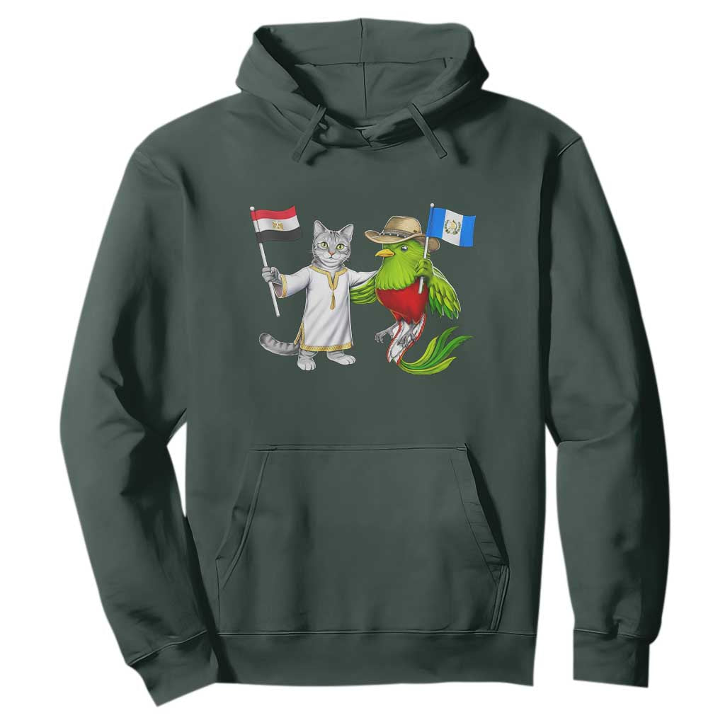 Egypt and Guatemala Friendship Heritage Pride Hoodie Cute Cat and Quetzal Holding Flag
