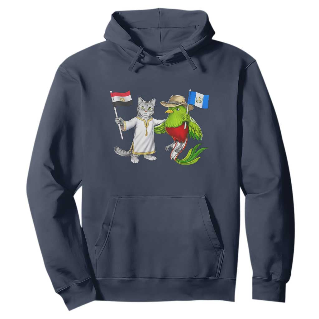 Egypt and Guatemala Friendship Heritage Pride Hoodie Cute Cat and Quetzal Holding Flag