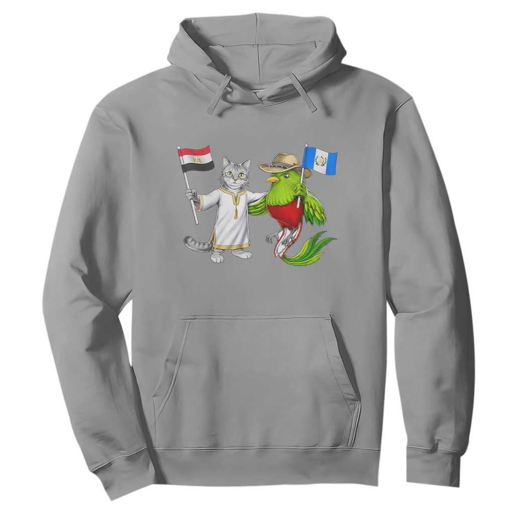 Egypt and Guatemala Friendship Heritage Pride Hoodie Cute Cat and Quetzal Holding Flag