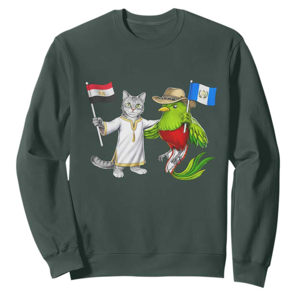 Egypt and Guatemala Friendship Heritage Pride Sweatshirt Cute Cat and Quetzal Holding Flag