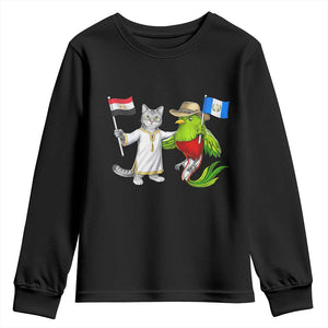 Egypt and Guatemala Friendship Heritage Pride Youth Sweatshirt Cute Cat and Quetzal Holding Flag
