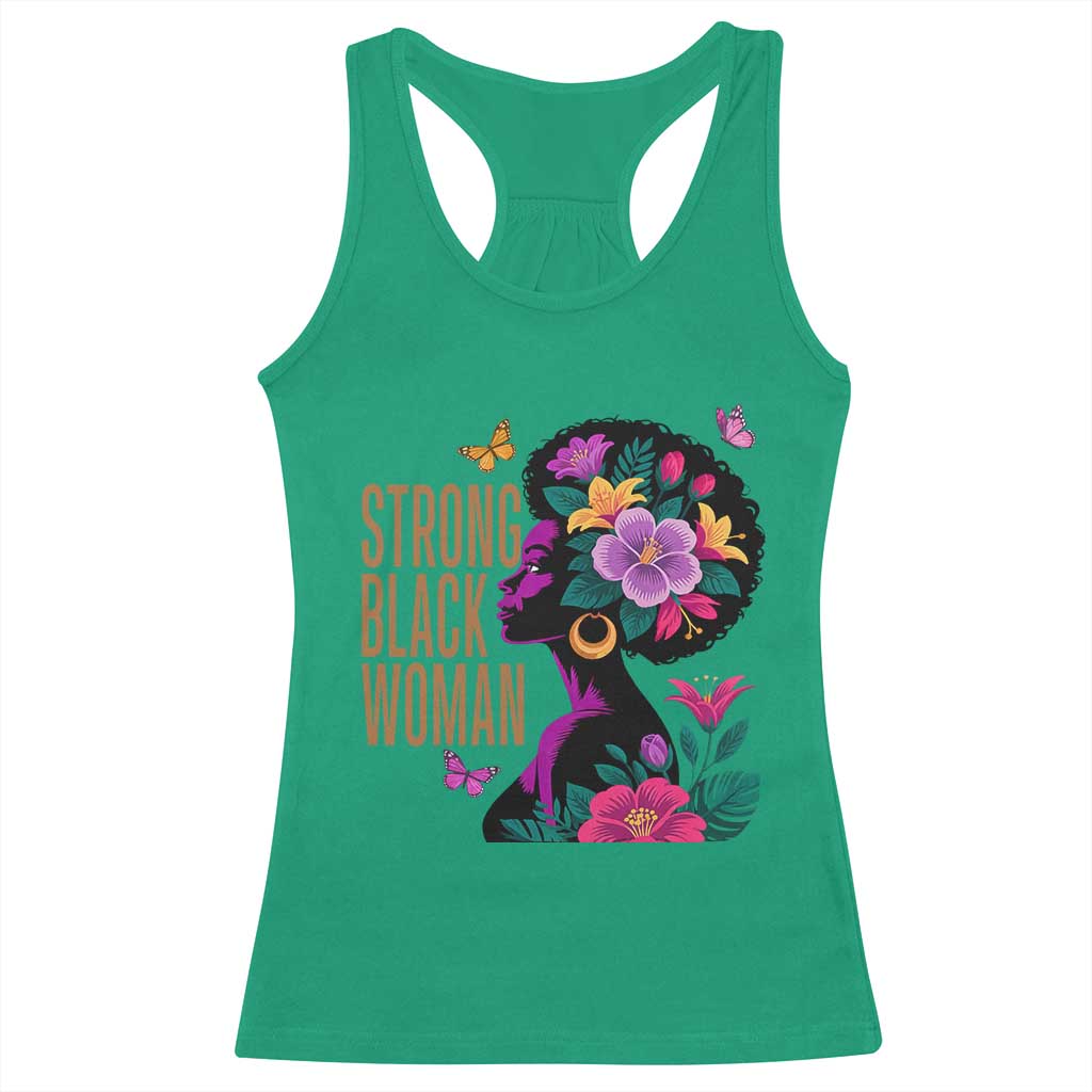 Strong Black Woman Floral Afro Racerback Tank Top Empowering Black Queen Pride Celebrating Melanin and Strength