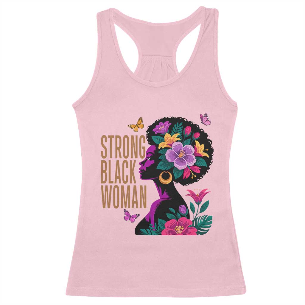 Strong Black Woman Floral Afro Racerback Tank Top Empowering Black Queen Pride Celebrating Melanin and Strength