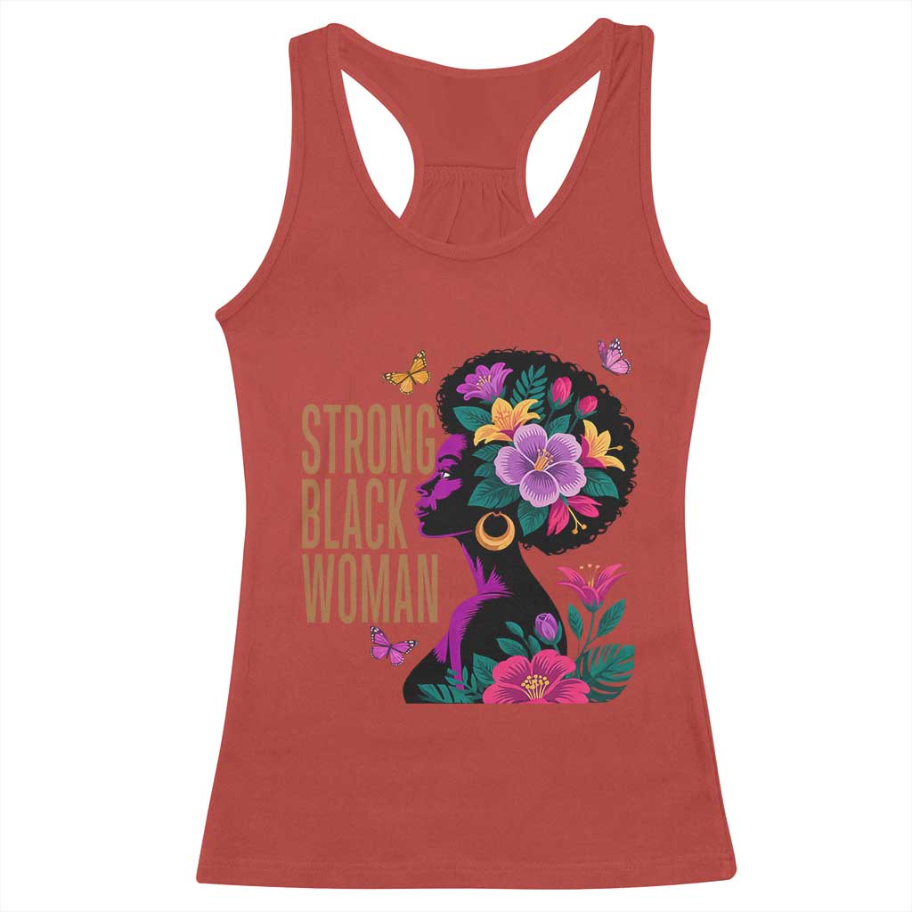 Strong Black Woman Floral Afro Racerback Tank Top Empowering Black Queen Pride Celebrating Melanin and Strength