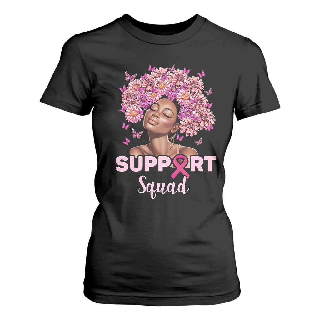 Breast Cancer Awareness T Shirt For Women Black Afro Woman Support Squad Pink Ribbon Sunflower