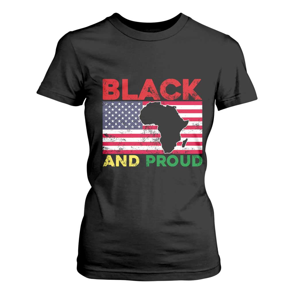 African American T Shirt For Women Black And Proud US Flag Africa Map