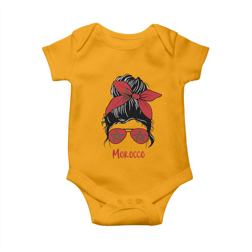 Morocco Girl Messy Bun with Flag Sunglasses Baby Onesie Proud Moroccan Woman Heritage