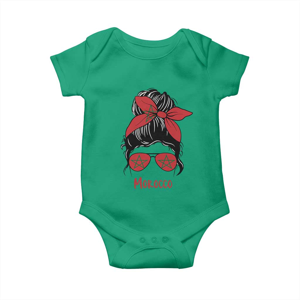 Morocco Girl Messy Bun with Flag Sunglasses Baby Onesie Proud Moroccan Woman Heritage