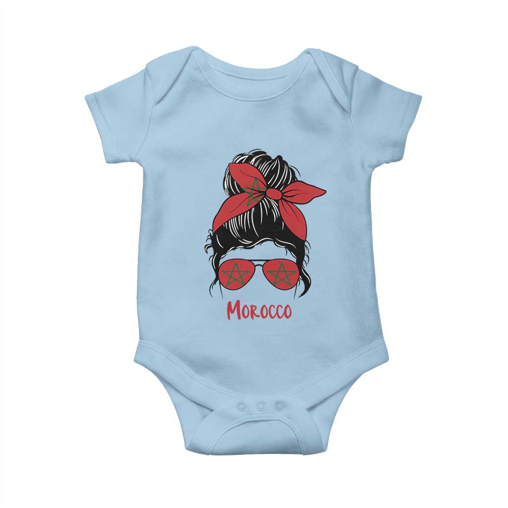 Morocco Girl Messy Bun with Flag Sunglasses Baby Onesie Proud Moroccan Woman Heritage