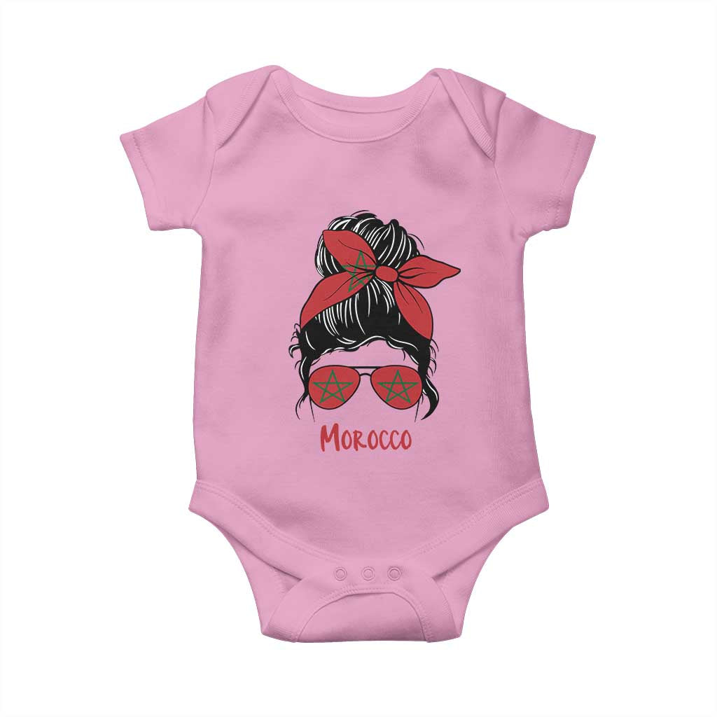 Morocco Girl Messy Bun with Flag Sunglasses Baby Onesie Proud Moroccan Woman Heritage