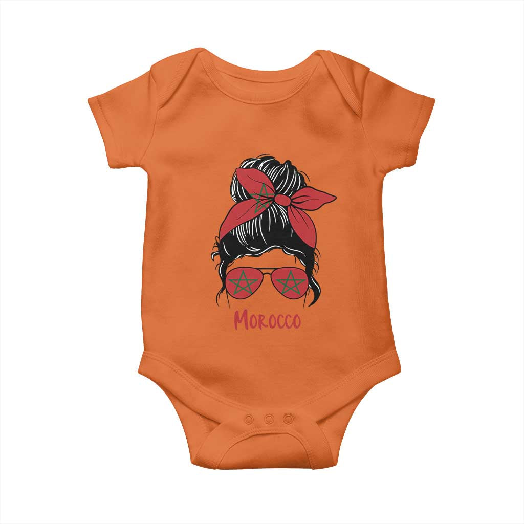 Morocco Girl Messy Bun with Flag Sunglasses Baby Onesie Proud Moroccan Woman Heritage