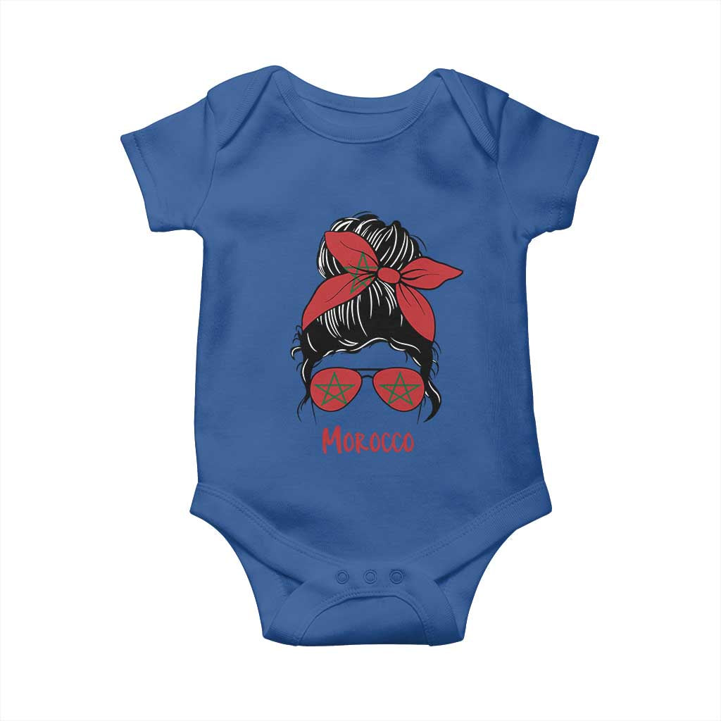 Morocco Girl Messy Bun with Flag Sunglasses Baby Onesie Proud Moroccan Woman Heritage