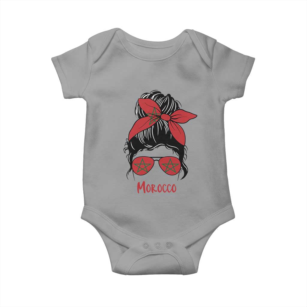 Morocco Girl Messy Bun with Flag Sunglasses Baby Onesie Proud Moroccan Woman Heritage