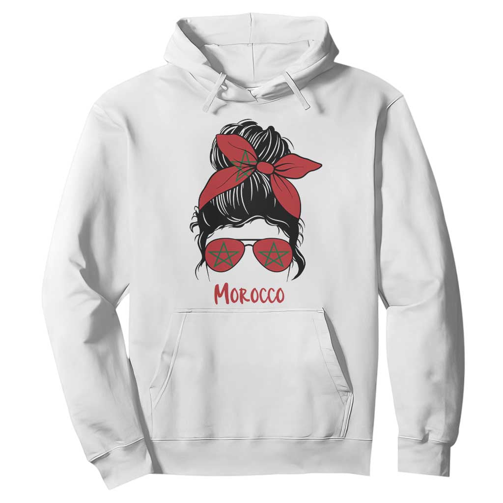 Morocco Girl Messy Bun with Flag Sunglasses Hoodie Proud Moroccan Woman Heritage