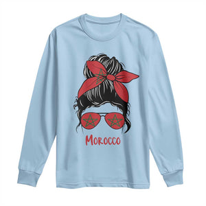 Morocco Girl Messy Bun with Flag Sunglasses Long Sleeve Shirt Proud Moroccan Woman Heritage