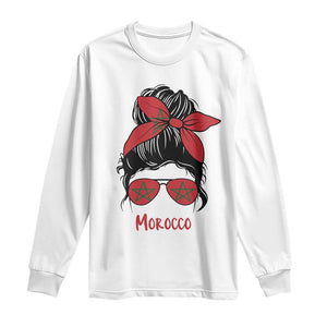 Morocco Girl Messy Bun with Flag Sunglasses Long Sleeve Shirt Proud Moroccan Woman Heritage