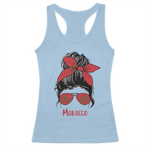Morocco Girl Messy Bun with Flag Sunglasses Racerback Tank Top Proud Moroccan Woman Heritage