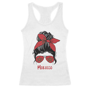 Morocco Girl Messy Bun with Flag Sunglasses Racerback Tank Top Proud Moroccan Woman Heritage