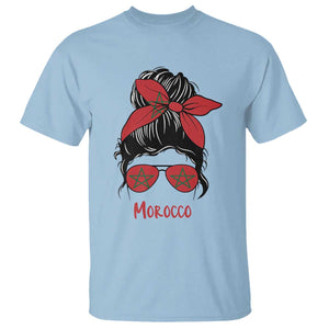 Morocco Girl Messy Bun with Flag Sunglasses T Shirt Proud Moroccan Woman Heritage