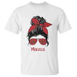 Morocco Girl Messy Bun with Flag Sunglasses T Shirt Proud Moroccan Woman Heritage