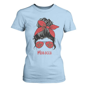 Morocco Girl Messy Bun with Flag Sunglasses T Shirt For Women Proud Moroccan Woman Heritage
