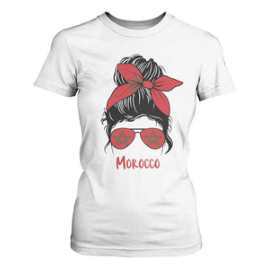 Morocco Girl Messy Bun with Flag Sunglasses T Shirt For Women Proud Moroccan Woman Heritage