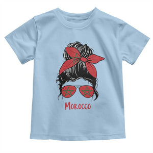 Morocco Girl Messy Bun with Flag Sunglasses Toddler T Shirt Proud Moroccan Woman Heritage