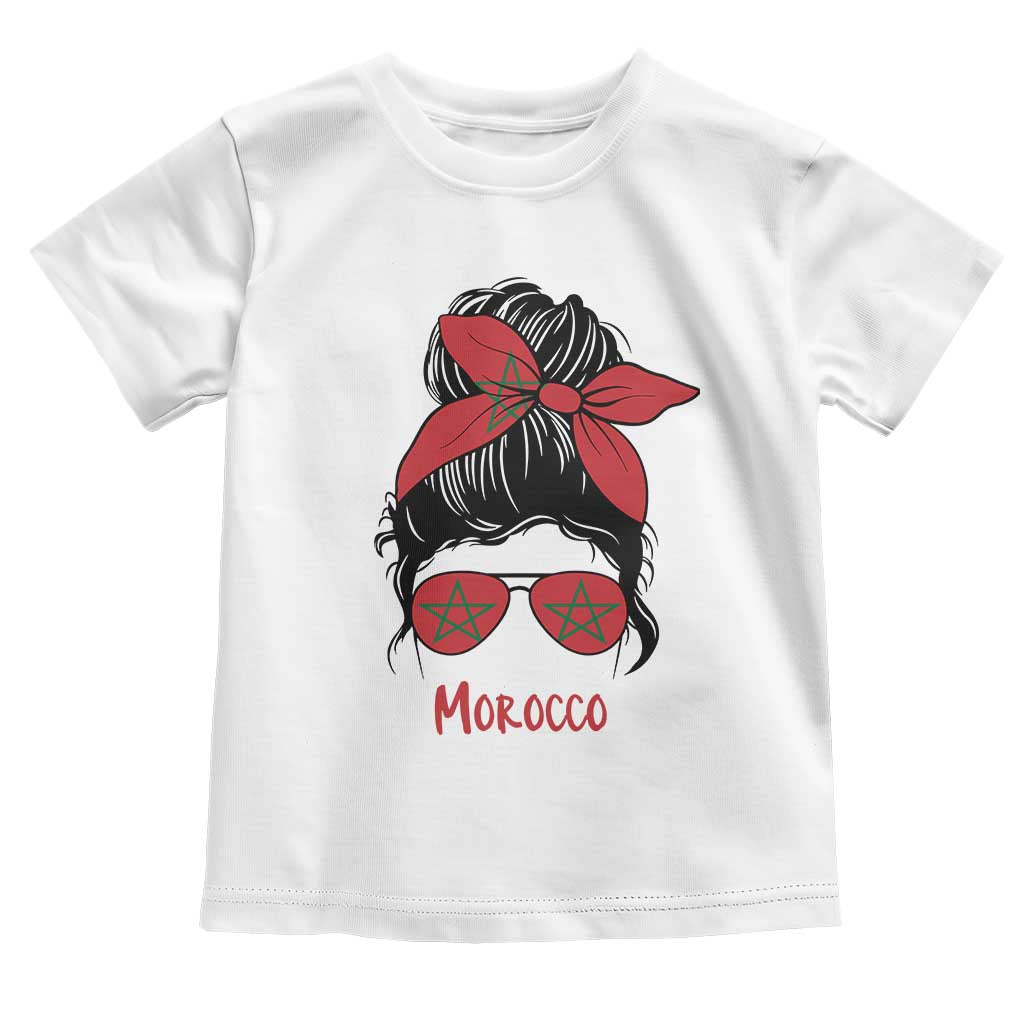 Morocco Girl Messy Bun with Flag Sunglasses Toddler T Shirt Proud Moroccan Woman Heritage