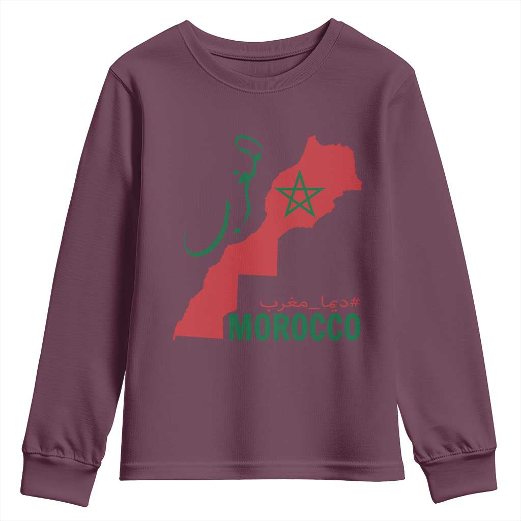 Morocco Map Dima Maghrib with Arabic Calligraphy Youth Sweatshirt Maghreb Traditional Moroccan Roots Graphic