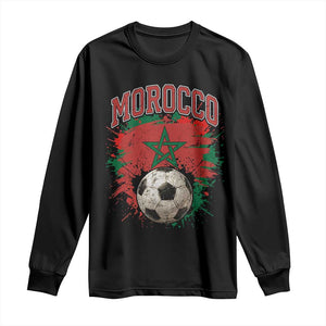 Vintage Morocco Flag Soccer Splatter Graphic Long Sleeve Shirt Patriotic Moroccan Football Fans National Pride Sports